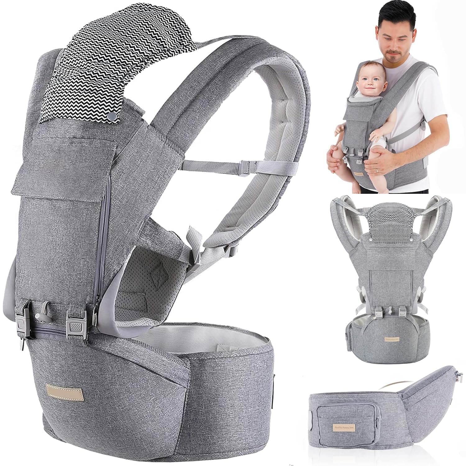 Baby Carrier with Hip Seat, 6 in 1 Baby Carrier Newborn to Toddler, Adjustable Infant Carrier with Hood, All Seasons & All Position Baby Holder Carrier for 0-36 Months